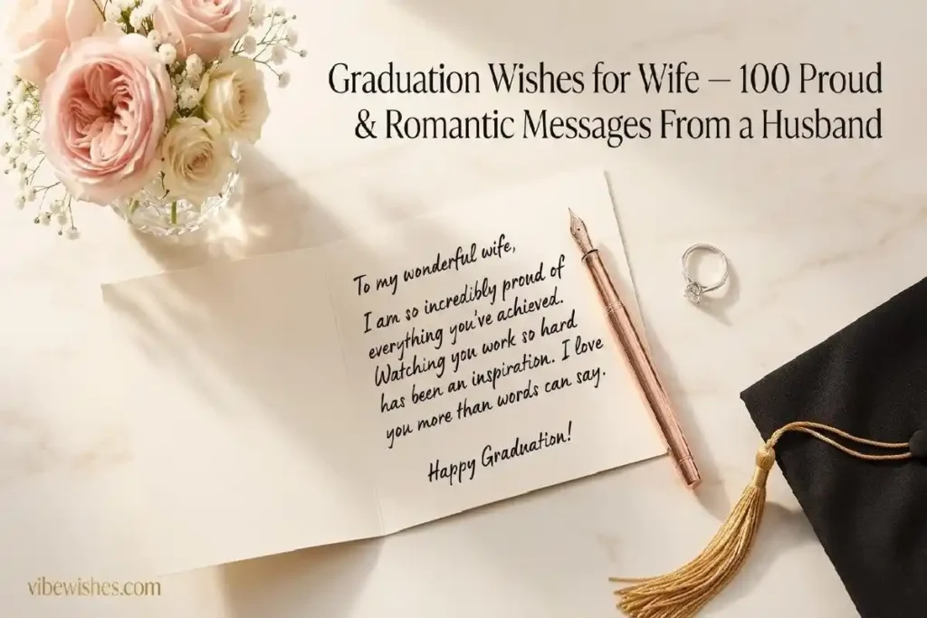 "Graduation card with handwritten message wedding ring and roses on marble representing heartfelt graduation wishes for wife from husband"