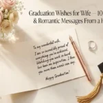 "Graduation card with handwritten message wedding ring and roses on marble representing heartfelt graduation wishes for wife from husband"