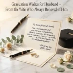 "Elegant graduation card with fountain pen and wedding ring on marble surface representing loving graduation wishes for husband from wife"