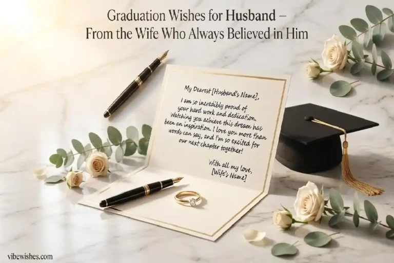 "Elegant graduation card with fountain pen and wedding ring on marble surface representing loving graduation wishes for husband from wife"