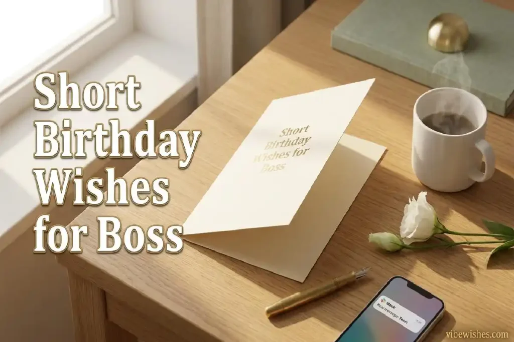 "Elegant birthday card on modern desk with pen coffee and phone representing short birthday wishes for boss ready to copy and send"
