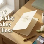 "Elegant birthday card on modern desk with pen coffee and phone representing short birthday wishes for boss ready to copy and send"