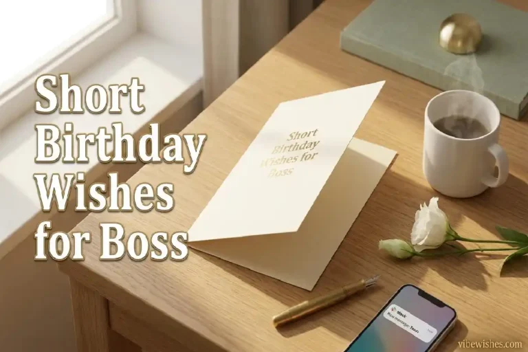 "Elegant birthday card on modern desk with pen coffee and phone representing short birthday wishes for boss ready to copy and send"