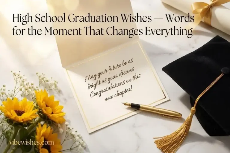 "Graduation cap fountain pen and card on marble surface representing the best high school graduation wishes and congratulations messages"