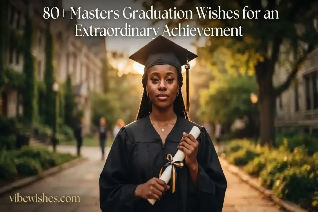 "Graduation cap diploma and elegant card on dark walnut desk representing the best masters graduation wishes and congratulations messages"