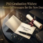 "Doctoral graduation cap diploma and premium card on black marble surface representing the best PhD graduation wishes and congratulations messages"