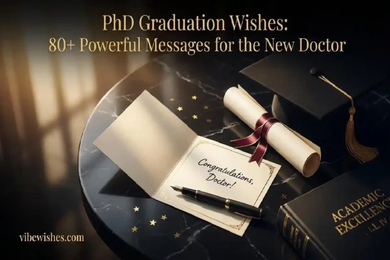 "Doctoral graduation cap diploma and premium card on black marble surface representing the best PhD graduation wishes and congratulations messages"
