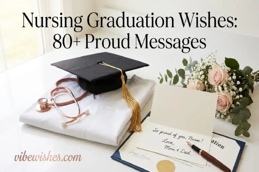 "Nursing graduation cap with stethoscope and white uniform representing heartfelt nursing graduation wishes and proud messages for new nurses"