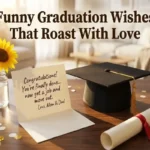 "Graduation cap and diploma with funny greeting card on wooden surface representing hilarious funny graduation wishes"