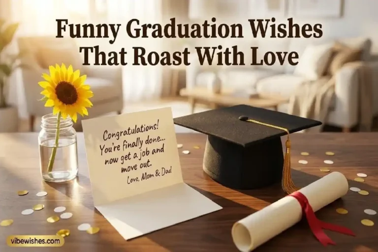 "Graduation cap and diploma with funny greeting card on wooden surface representing hilarious funny graduation wishes"