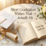"Graduation cap diploma and journal with short handwritten graduation wishes on marble surface"