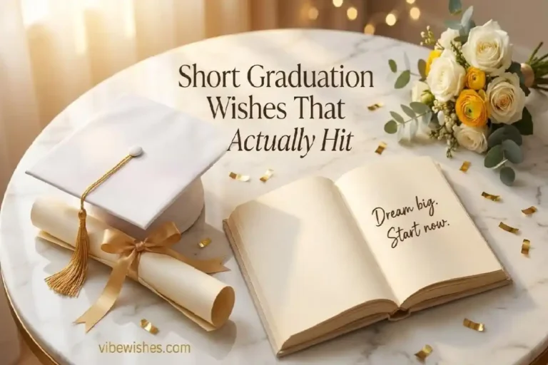 "Graduation cap diploma and journal with short handwritten graduation wishes on marble surface"
