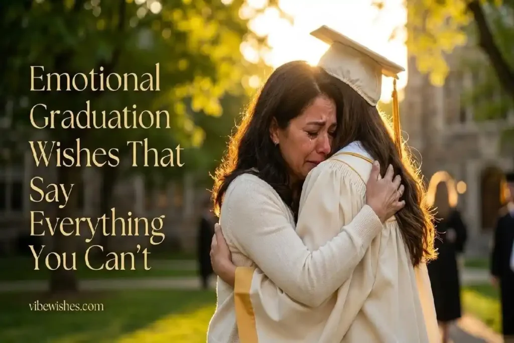 "Mother and graduate daughter sharing tearful embrace on sunlit campus representing emotional graduation wishes and heart touching messages"