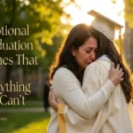 "Mother and graduate daughter sharing tearful embrace on sunlit campus representing emotional graduation wishes and heart touching messages"