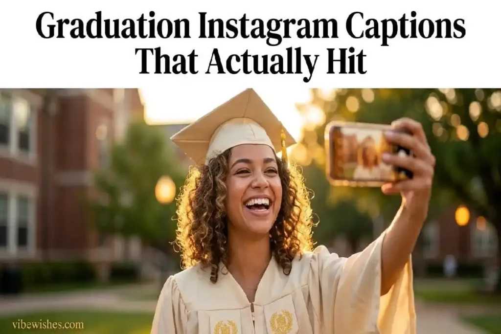 "Smiling graduate in cap and gown taking Instagram selfie in golden hour light representing the best graduation Instagram captions"