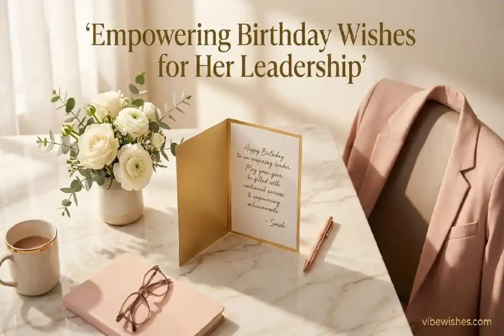 "Elegant birthday card and flowers on desk representing empowering birthday wishes for female boss"