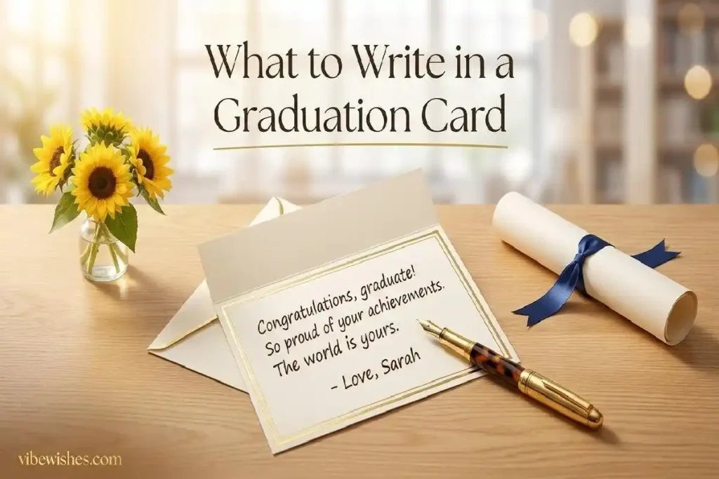 "Open graduation card with handwritten message and gold fountain pen on oak desk representing what to write in a graduation card"