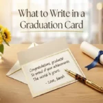 "Open graduation card with handwritten message and gold fountain pen on oak desk representing what to write in a graduation card"