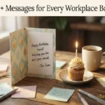 "Office birthday celebration flatlay with card, cupcake and coffee representing birthday wishes for colleague"