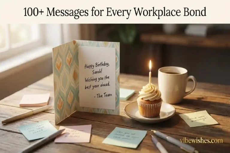 "Office birthday celebration flatlay with card, cupcake and coffee representing birthday wishes for colleague"