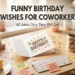 "Cheerful office desk birthday scene with birthday card, coffee mug, confetti and cake representing funny birthday wishes for coworker"