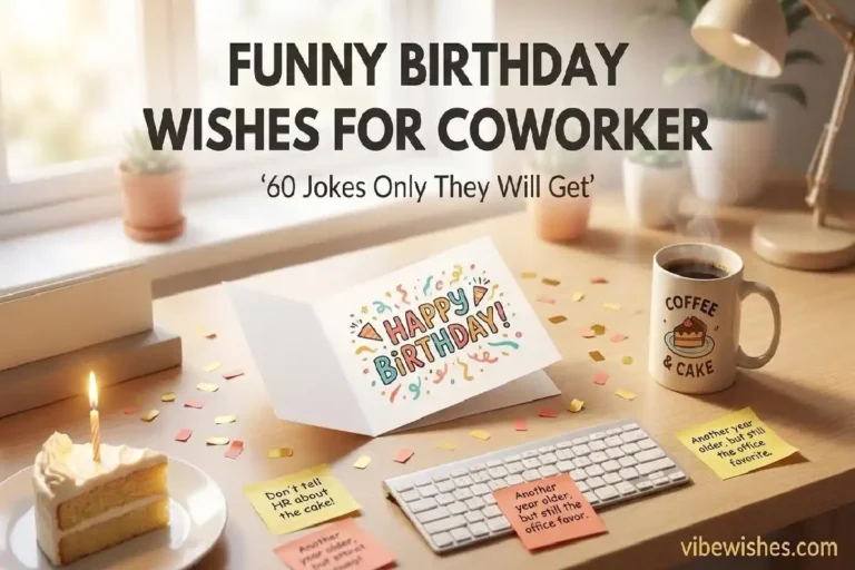 "Cheerful office desk birthday scene with birthday card, coffee mug, confetti and cake representing funny birthday wishes for coworker"