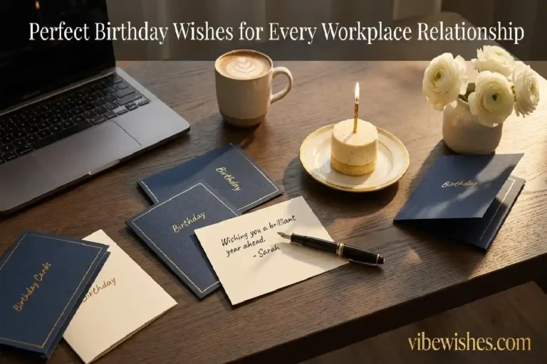 "Professional birthday card on office desk with fountain pen and coffee showing workplace birthday wishes for coworkers bosses and clients"