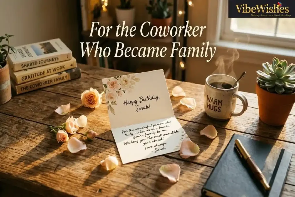 "Heartfelt birthday card with handwritten message on office desk with coffee and flowers representing heartfelt birthday wishes for coworker"