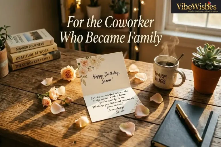 "Heartfelt birthday card with handwritten message on office desk with coffee and flowers representing heartfelt birthday wishes for coworker"