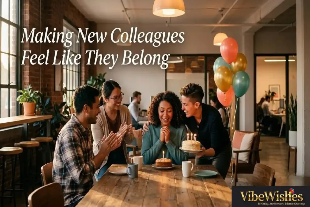 "Warm birthday card on office desk with balloons and confetti showing birthday wishes for new colleague"