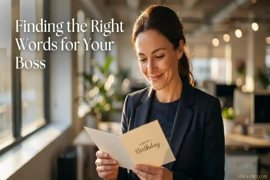 "Professional person reading birthday card at office desk showing how to write the perfect happy birthday message for boss"