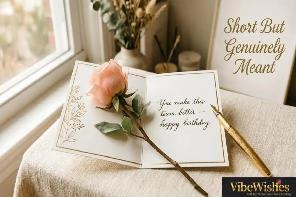 "Open birthday card with short heartfelt handwritten message and peach rose showing sincere brief birthday wishes for coworker"