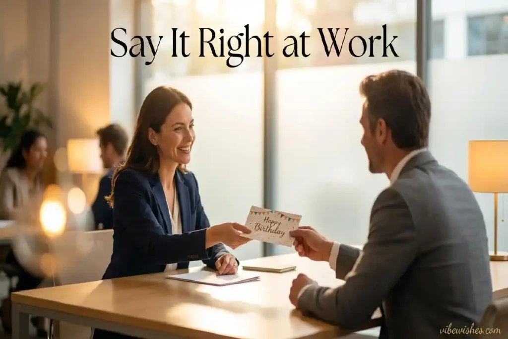 "Two coworkers exchanging a birthday card in a professional office setting showing workplace birthday wishes being shared"