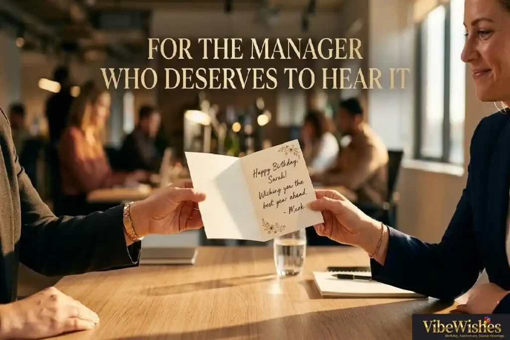 "Employee passing heartfelt birthday card to manager across office desk representing genuine birthday wishes from a grateful team member"