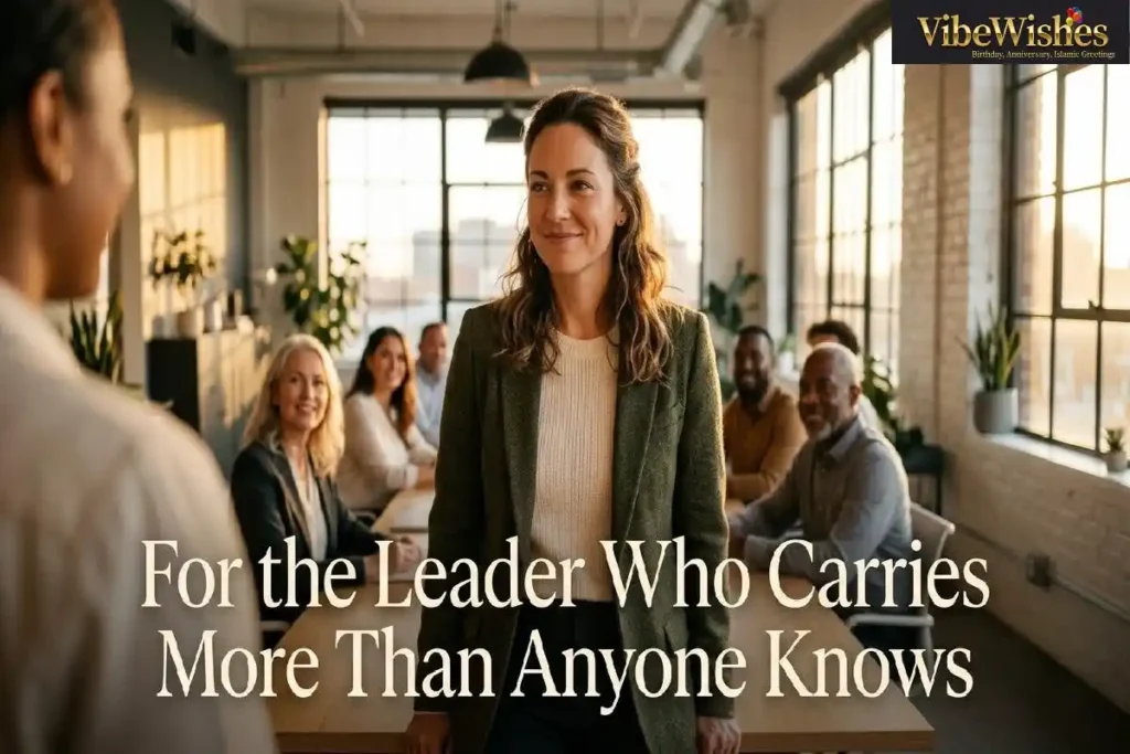 "Team leader standing confidently in modern workspace with team in background representing heartfelt birthday appreciation for team leader"