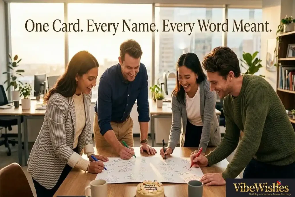 "Office team gathered around birthday card signing together representing heartfelt group birthday message for manager from whole team"