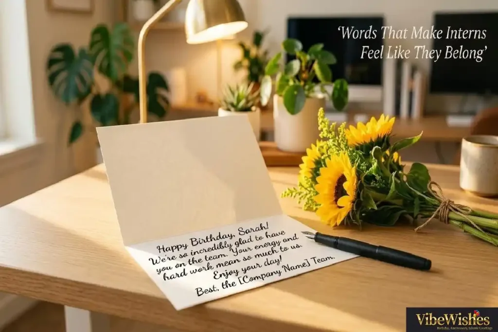 "Handwritten birthday card message for office intern on modern desk with sunflowers showing warm and encouraging birthday wishes"