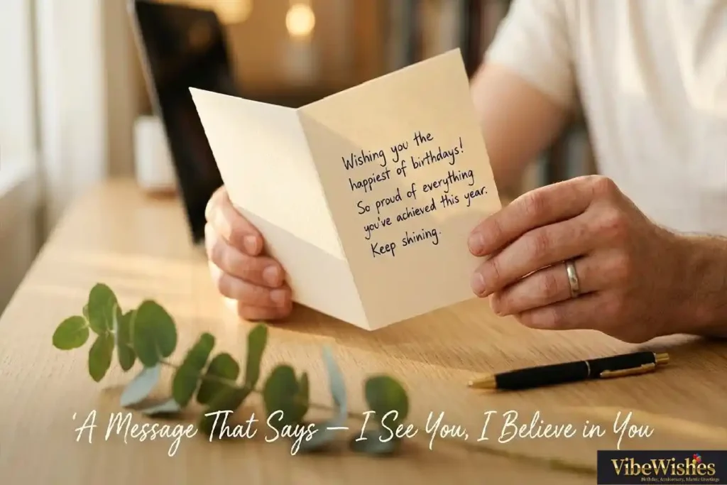 "Young professional holding open birthday card showing heartfelt birthday message that makes junior colleague feel seen and genuinely valued"