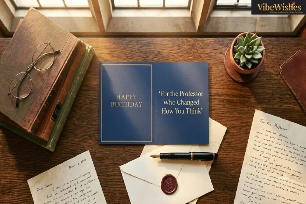 "Empty golden hour university lecture hall with birthday card and notebooks representing heartfelt birthday wishes for professor who changed how students think"