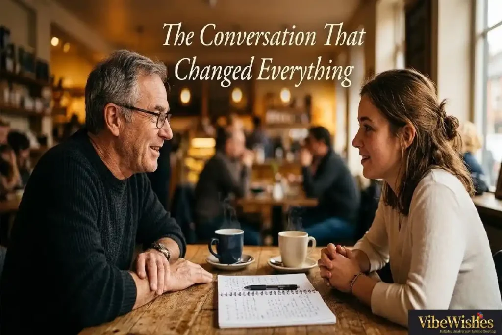  "Mentor and mentee in deep meaningful conversation at warm wooden table representing heartfelt birthday wishes for mentor whose guidance changed everything"