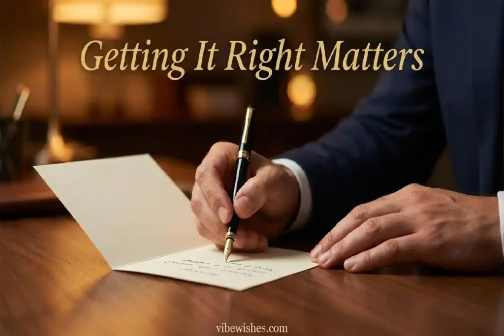 "Professional hands in suit writing formal birthday message inside elegant card with fountain pen representing professional birthday wishes for boss"