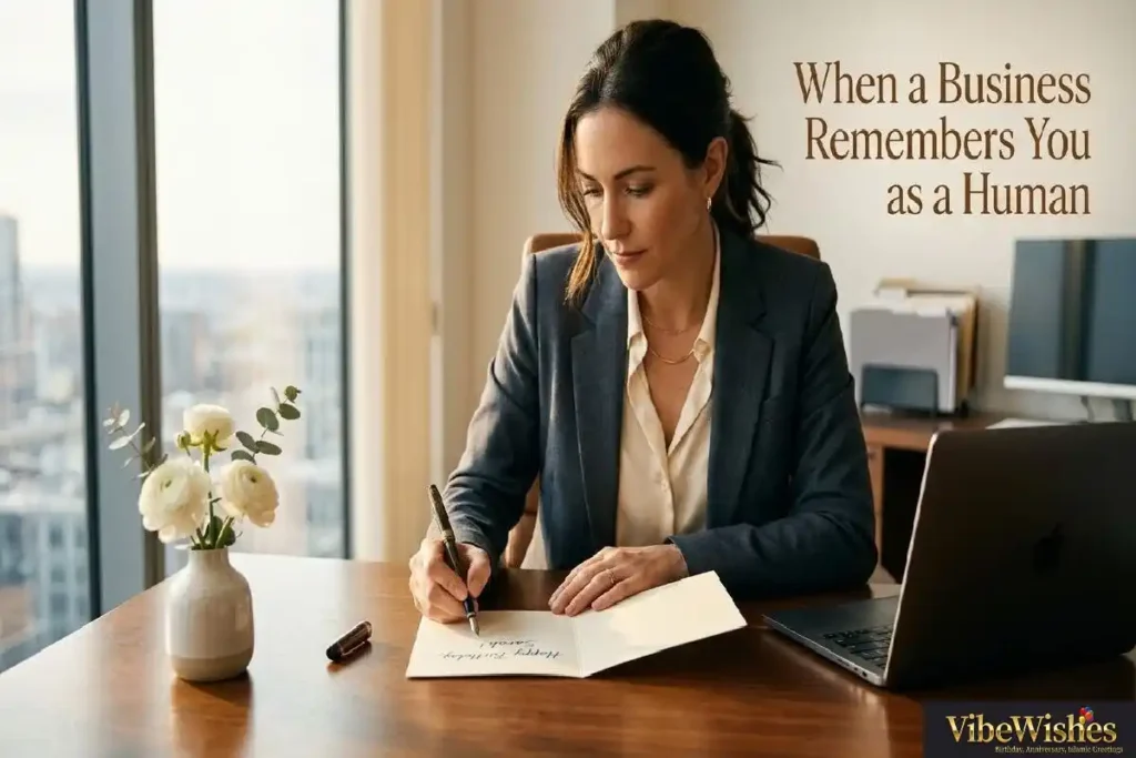 "Professional writing handwritten birthday card at elegant office desk representing genuine personal birthday message for client that goes beyond corporate templates"