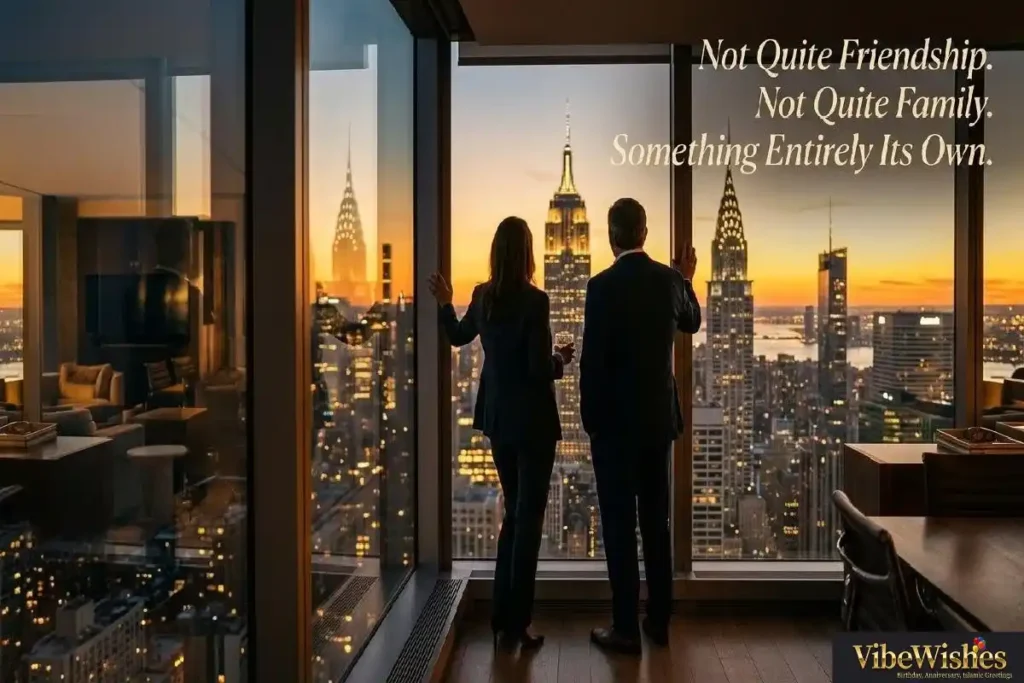 "Two business partners silhouetted against golden hour city skyline representing unique birthday message for business partner relationship built on shared vision and trust"