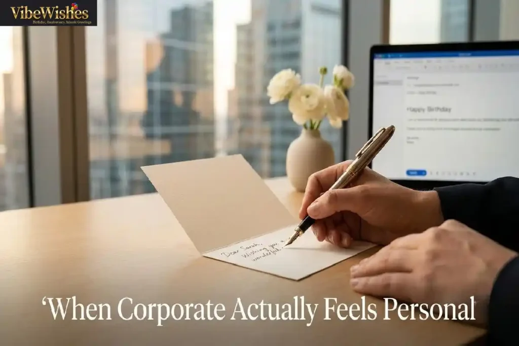 "Professional writing corporate birthday card at modern office desk representing genuine corporate birthday message template that sounds like a real person"
