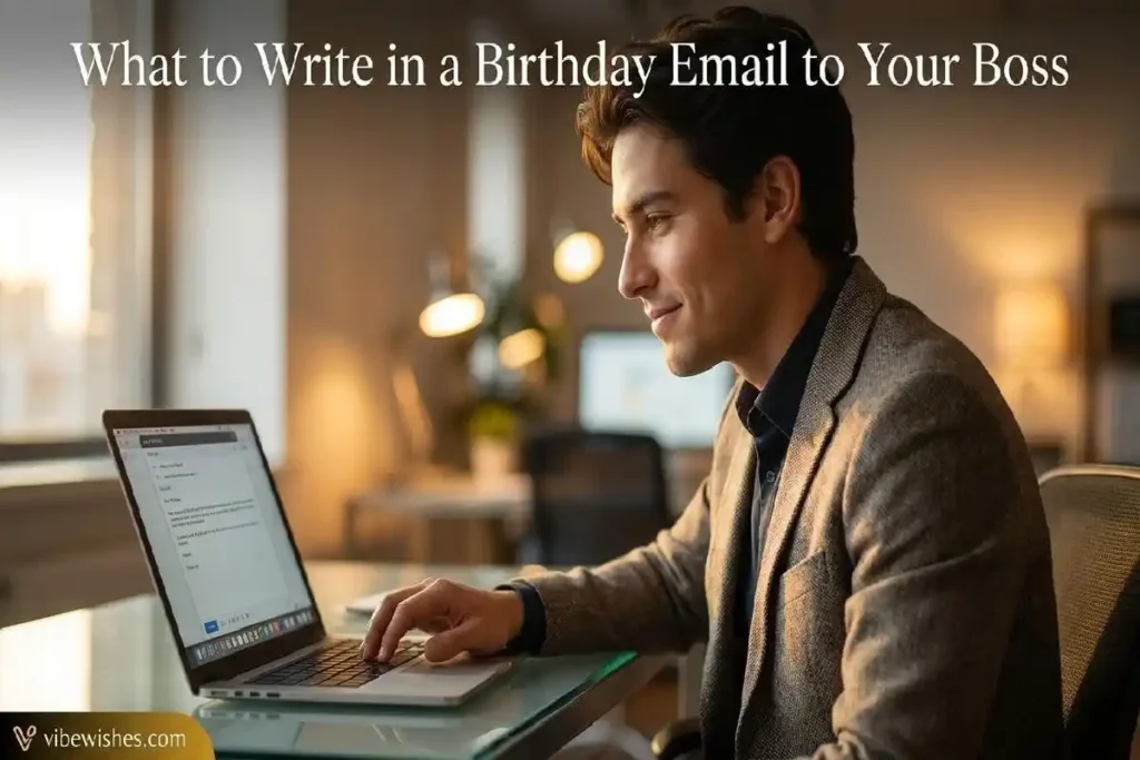"Young professional composing a birthday email to boss on laptop at modern office desk with warm natural light"