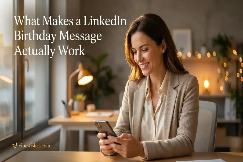 "Professional person smiling while reading a LinkedIn birthday message on smartphone in warm modern home office"
