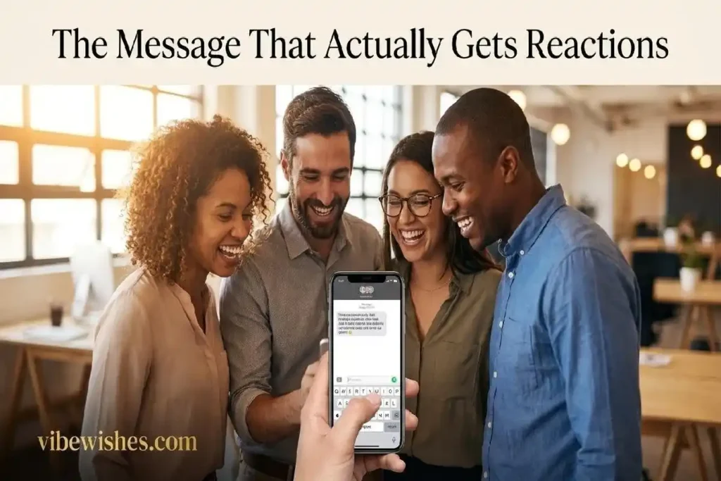 "Diverse group of office colleagues laughing at a phone showing a WhatsApp group birthday message that gets reactions"