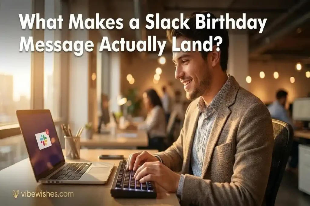 "Cheerful professional typing a birthday Slack message on laptop at office desk showing how to write the best birthday Slack message for coworker"
