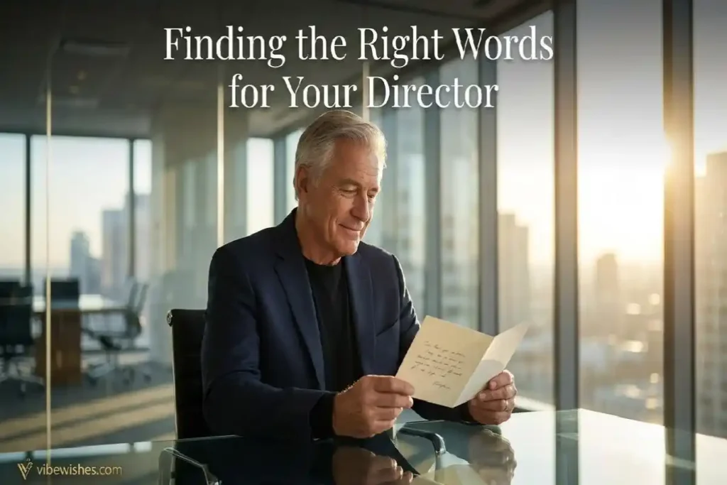 "Senior professional reading a birthday card at a boardroom table showing how to write the perfect birthday message for a director"