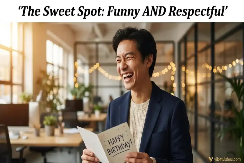 "Person laughing genuinely while reading funny birthday card in office representing humorous birthday message for boss that lands well"